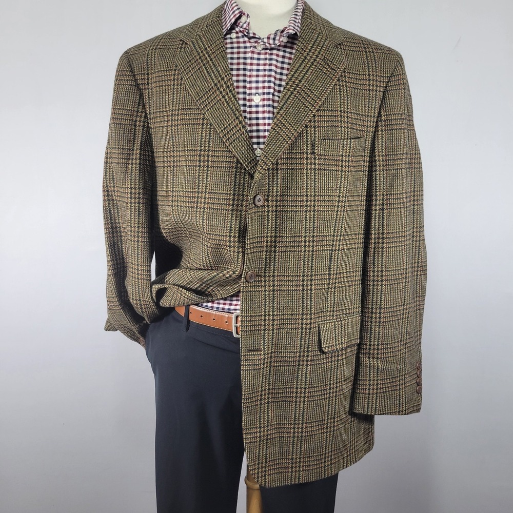 Bill Blass Laine Men's Sport Coat Blazer Three Button Brown Plaid Wool Size 44L